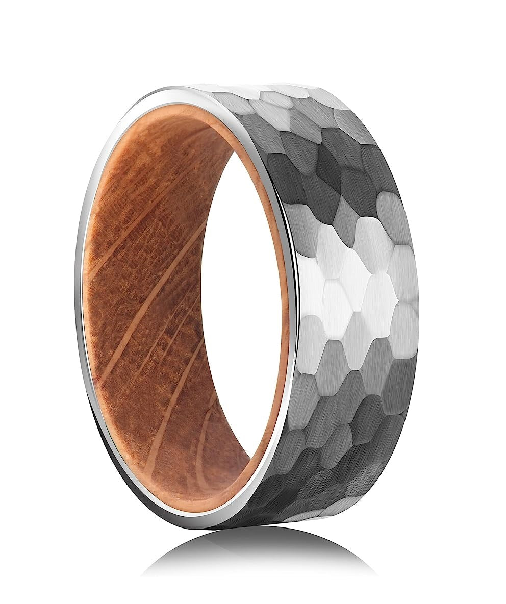 Carbide Tungsten Color: SILVER 8mm HAMMERED RING Rosewood Inlay High Polished inner-face design smooth and shiny. Comfort Fit Wedding Band Size 6-15