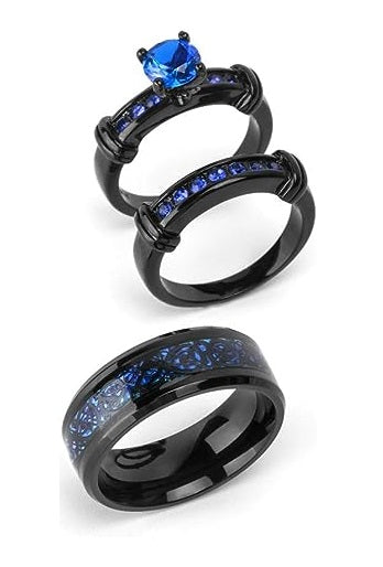 One: Bridal Set His Hers Black Gold Plated Blue CZ and Stainless Steel Wedding Ring Band.