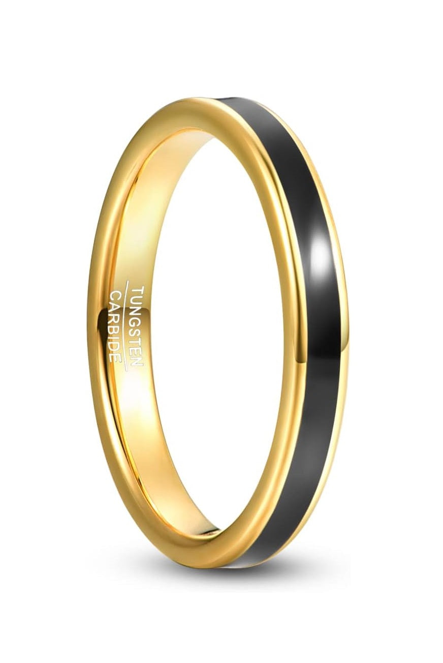 Genuine Carbide Tungsten Color: Design 3MM Gold Black Inlay High Polished inner-face design smooth and shiny. Comfort Fit Wedding Band Size 6-15