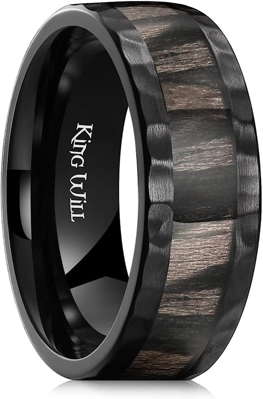 Genuine Titanium 8mm Ring Black Hammered Center Inlaid Wood Wedding Band, Hammer and Wood inlay Perfect Combination. High Polished Comfort Fit