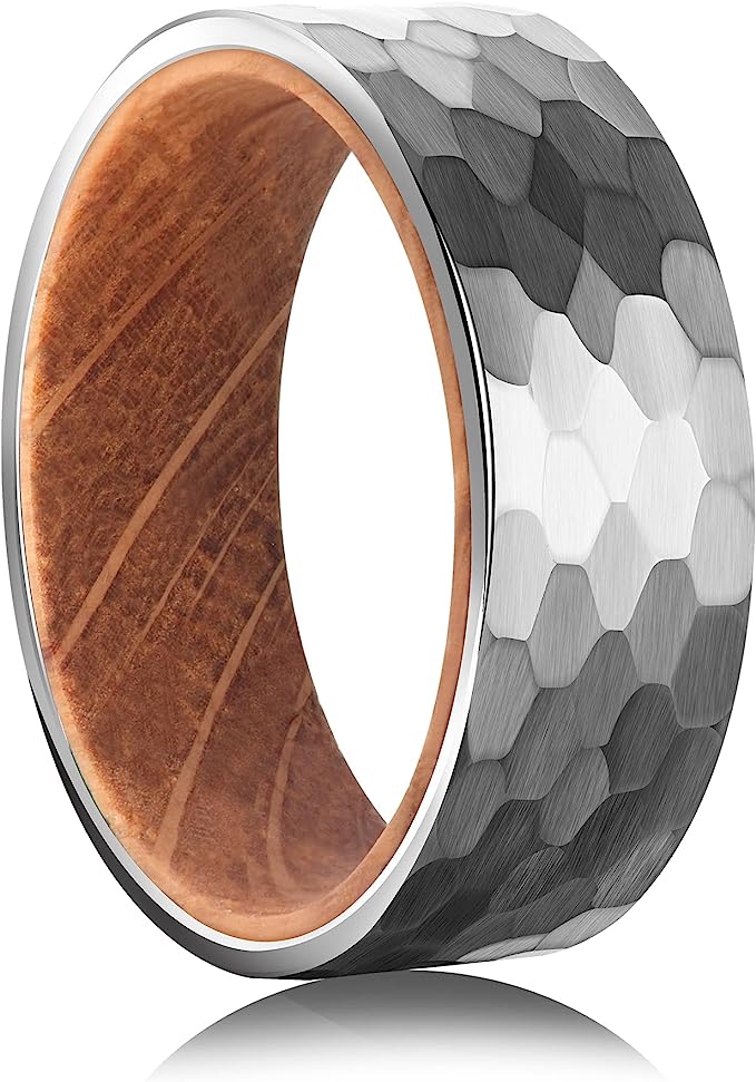 Carbide Tungsten Color: SILVER 8mm HAMMERED RING Rosewood Inlay High Polished inner-face design smooth and shiny. Comfort Fit Wedding Band Size 6-15