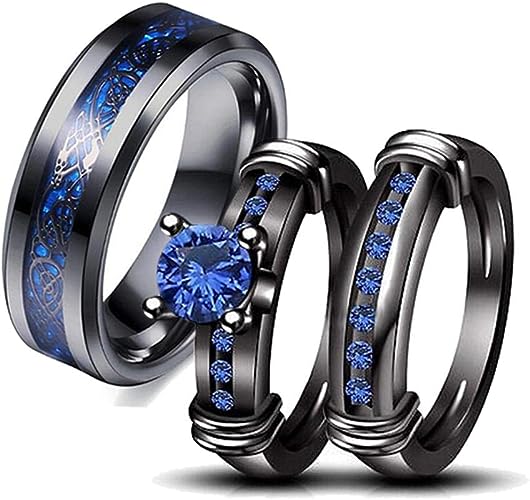 One: Bridal Set His Hers Black Gold Plated Blue CZ and Stainless Steel Wedding Ring Band.