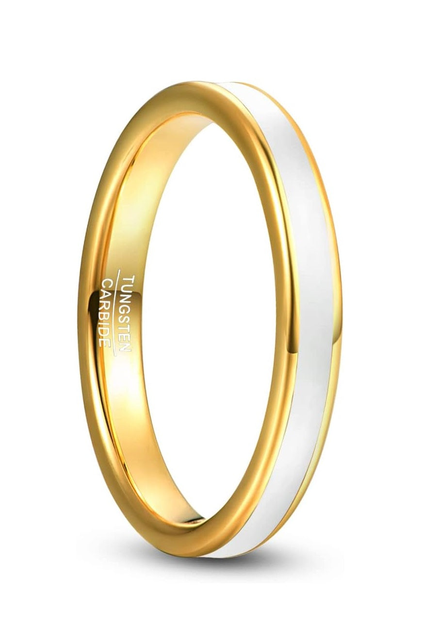 Genuine Carbide Tungsten Color: Design 3MM Gold White Inlay High Polished inner-face design smooth and shiny. Comfort Fit Wedding Band Size 6-15