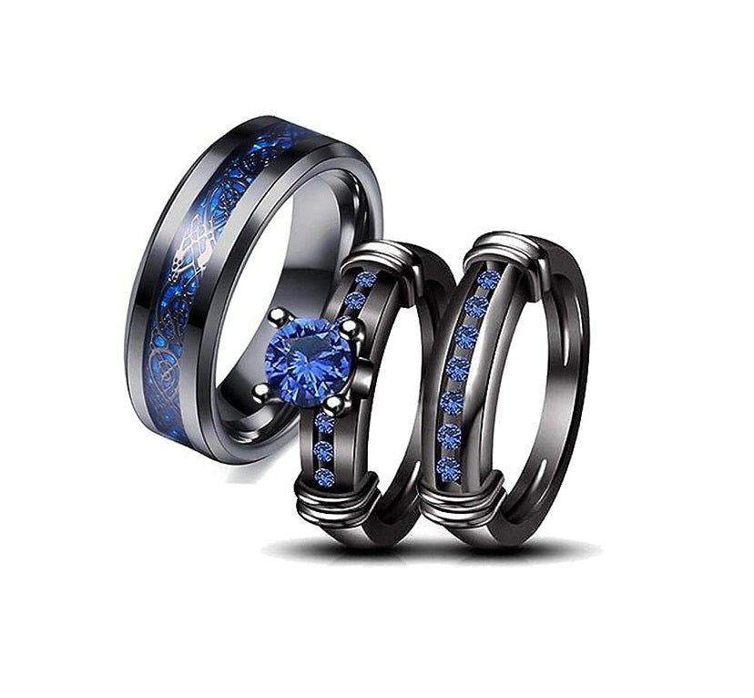 One: Bridal Set His Hers Black Gold Plated Blue CZ and Stainless Steel Wedding Ring Band.