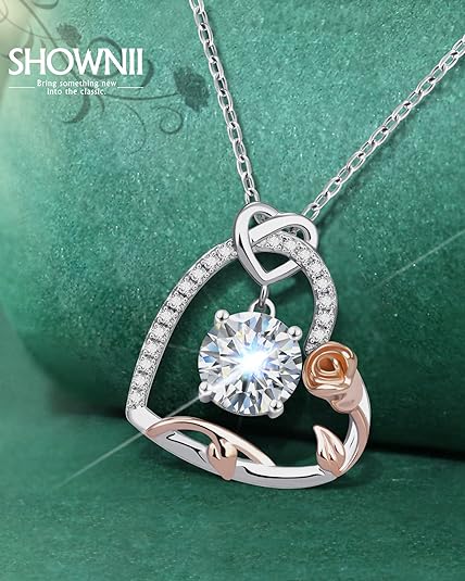 ONE :💎Pendant FLOWER HEART Necklace💎MOISSANITE DIAMOND 18k WHITE GOLD PLATED OVER 925 STERLNG SILVER