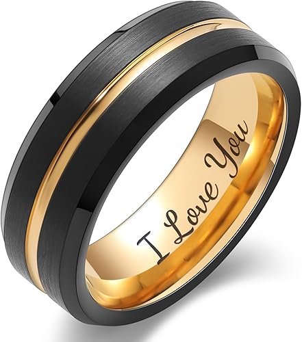 8mm Genuine Tungsten Carbide "I Love You" Engraved Inside RING" Black Brushed  8mm, Rose Gold Line Center-Band Width 8mm Ring Comfort fit