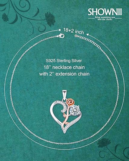 ONE :💎Pendant FLOWER ROSE HEART Necklace💎MOISSANITE DIAMOND 18k WHITE GOLD PLATED OVER 925 STERLNG SILVER